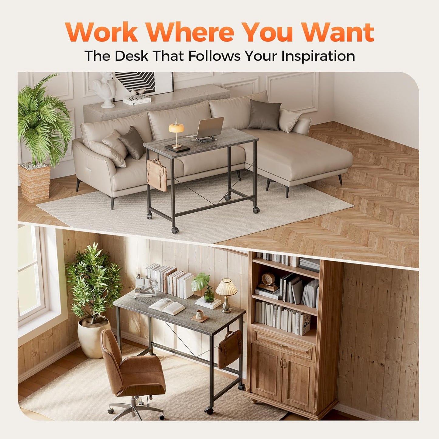Rolling Computer Desk with Wheels, Gaming Desk for Small Spaces, Modern Simple Style Table for Home Office, Study Writing Table (Caster, Stone Gray, 40 inch)