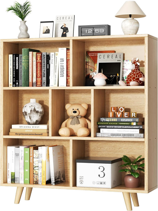 Shintenchi Cube Storage Organizer, 3 Tier Mid-Century Bookcase with Legs Cubeicals Retro Wood Organizer Storage Bookcase, Freestanding Open Book Shelves for Bedroom,Living Room,Office(Natural)