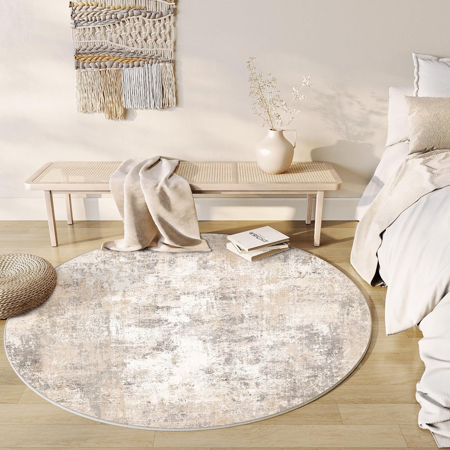 5x5 Washable Round Rug Beige Grey Neutral Abstract Living Room Bedroom Non Slip Low Pile Area Rug Office Entryway Indoor Doormat Soft Carpet for Entrance Bathroom Kitchen
