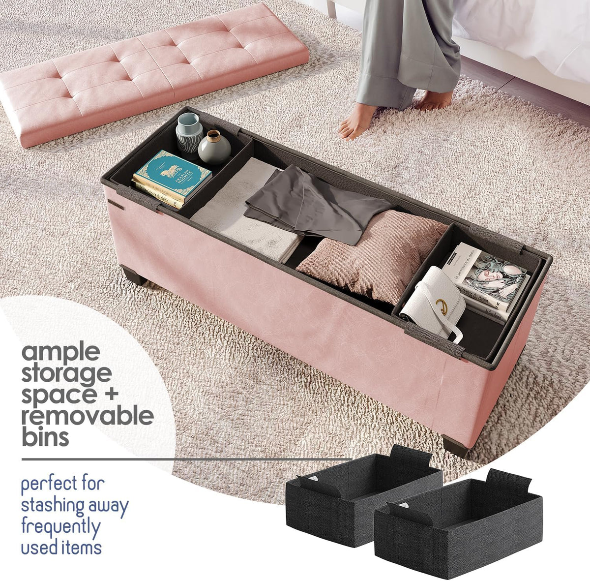 STORAGEBUD Storage Ottoman Bench with Bins, 43-in Storage Bench for Bedroom End of Bed, Folding Foot Rest Ottoman for Living Room Max 660lbs, Faux Leather Ottomans, Pink