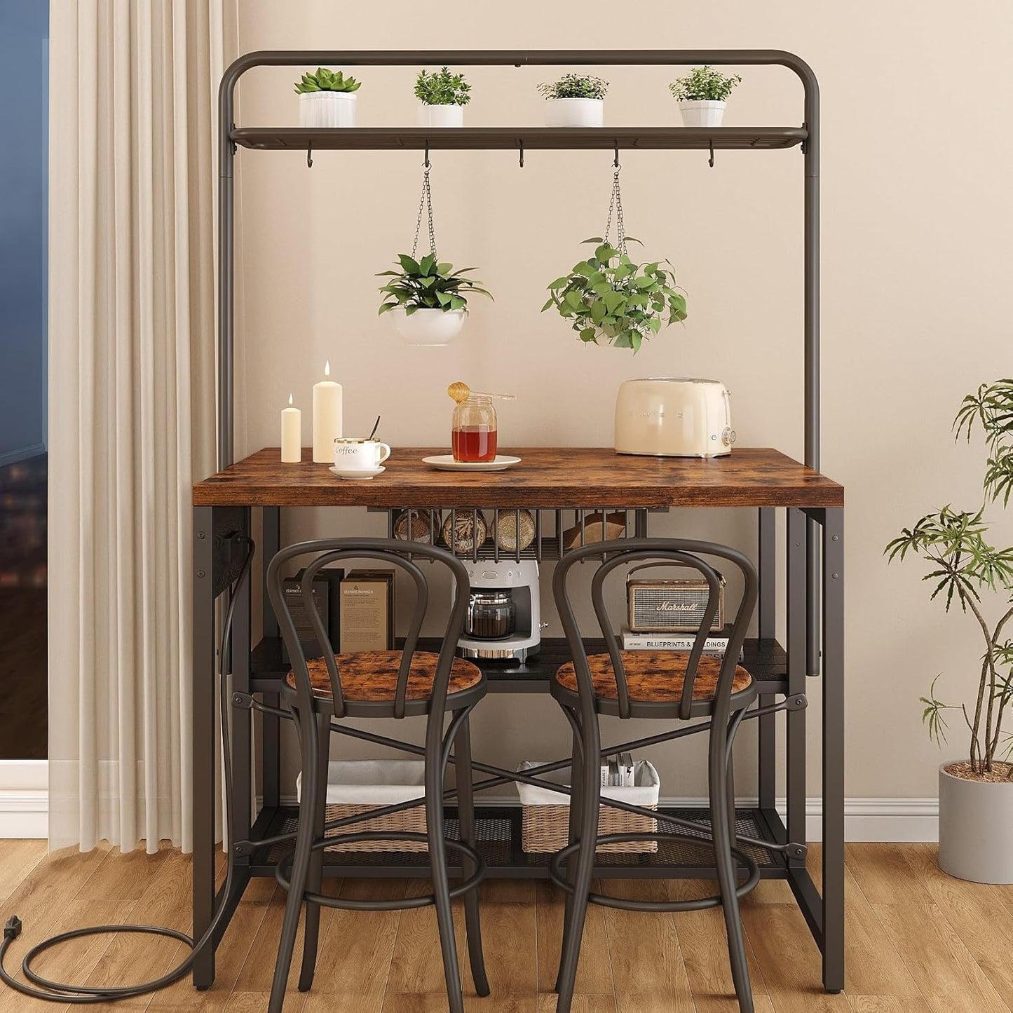 46" Large Kitchen Island Table Baker Rack with Power Outlet and 3-Tier Storage-Microwave Stand Oven Shelf, Metal Coffee Bar Table,Kitchen Storage Shelf for Dining Living Room, 5 Hooks,Vintage