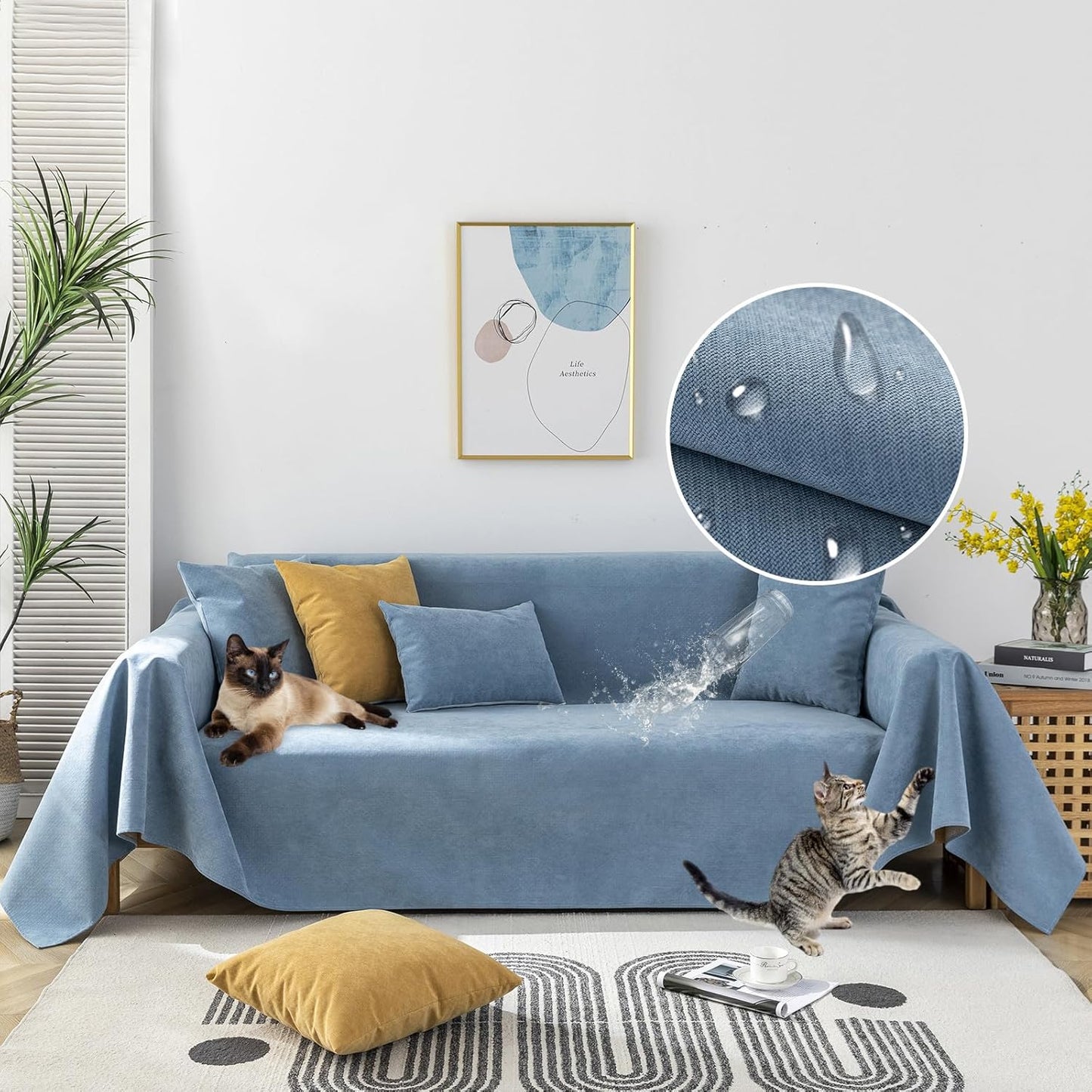 STACYPIK 100% Waterproof Blue Couch Cover for Pets, Sectional L Shape Sofa Cover for 2 Cushion Couch, Anti-Cat Scratch Furniture Protector Cover, Anti Slip Sofa Throw Cover for Dogs Kids-71x71IN
