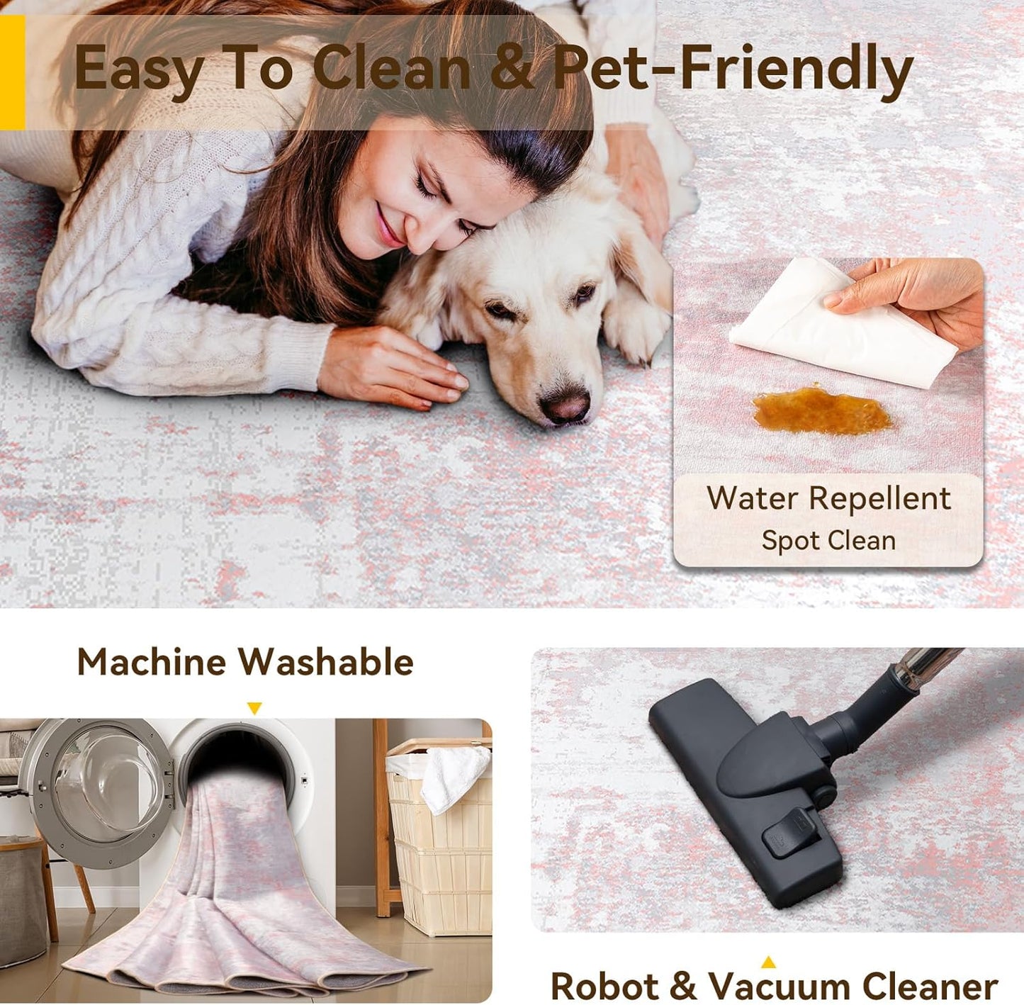 Washable Area Rugs 6ft Non-Slip Modern Abstract Soft for Living Room Entryway Bedroom Nursery, Print Pattern, Grey Pink