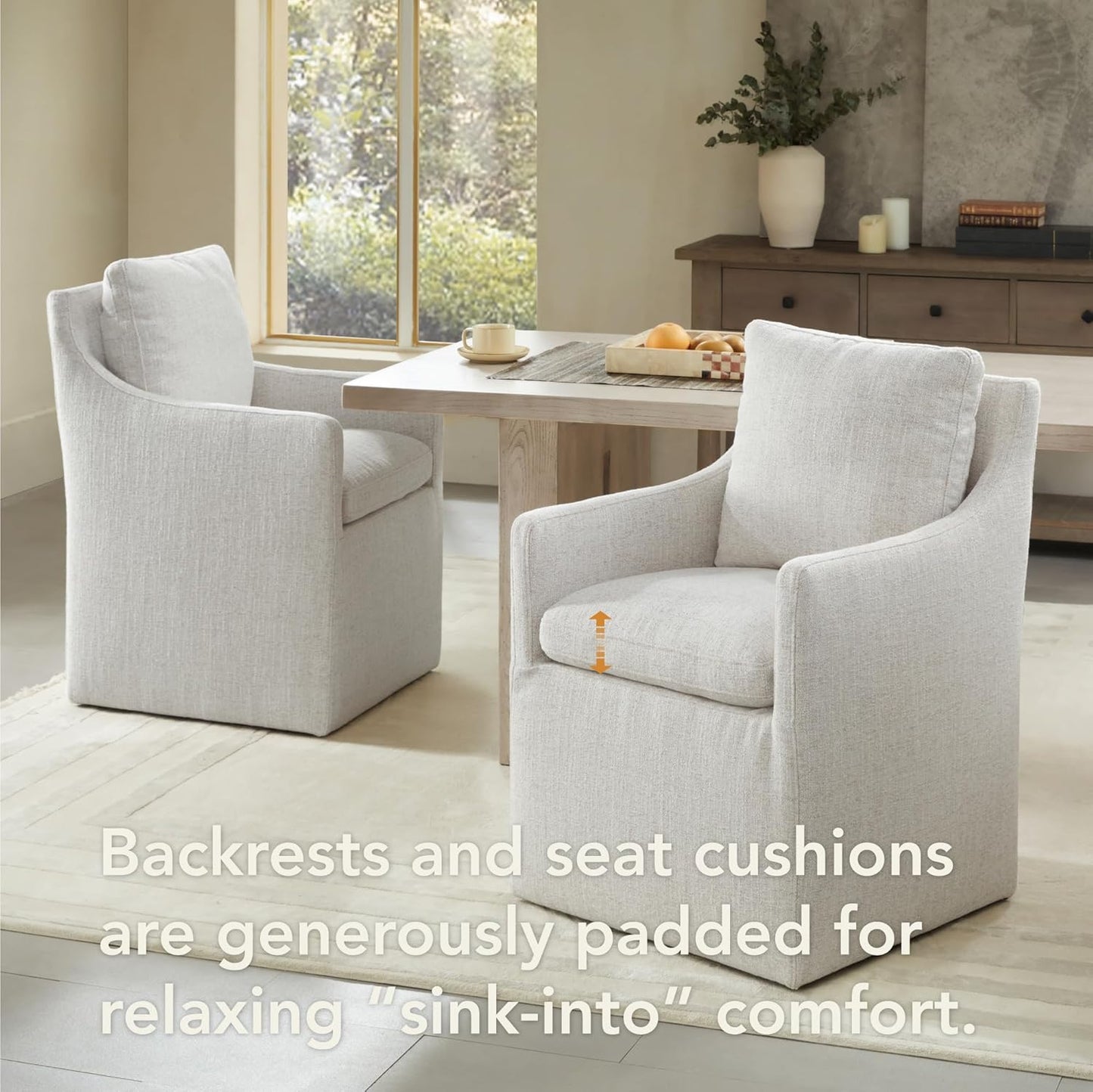 Upholstered Dining Chairs with Casters Modern Accent Armchair with Rollers for Diningroom Bedroom Livingroom Reading Room