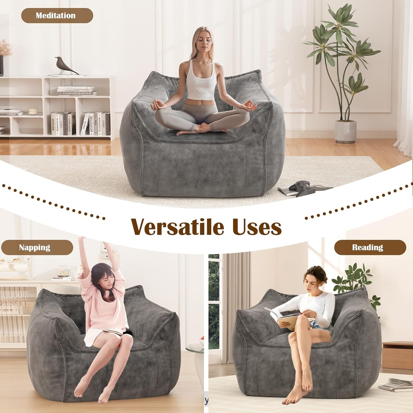 Giant Bean Bag Chair for Adults, Large Bean Bag Chair with Armrest, Living Room Fluffy Beanbag Couch with Filler Included, Comfy Washable Lazy Sofa Chair for Bedroom, Gray