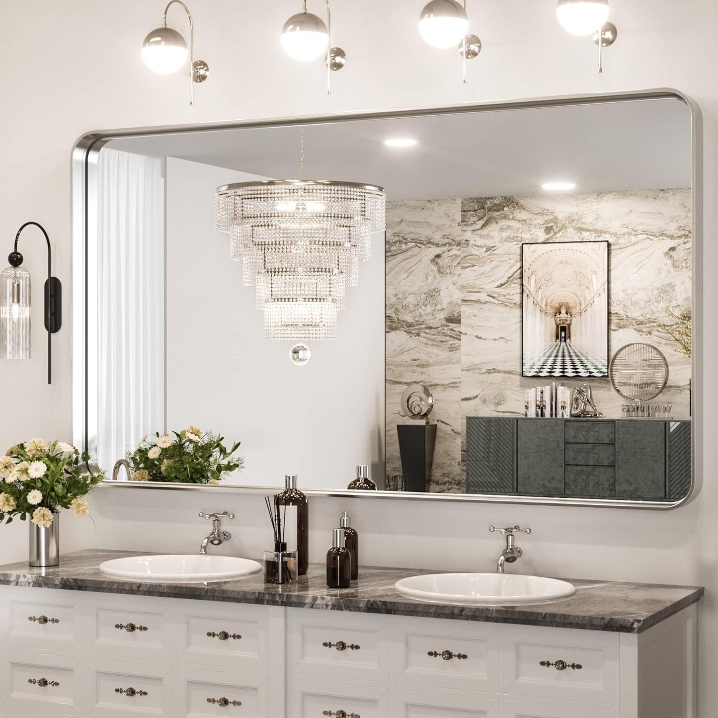 TokeShimi 60 x 36 Inch Brushed Silver Bathroom Mirror for Wall Brushed Brass Metal Rounded Corner Rectangle Mirror Metal Frame Deep Set Design Hangs Horizontal Or Vertical
