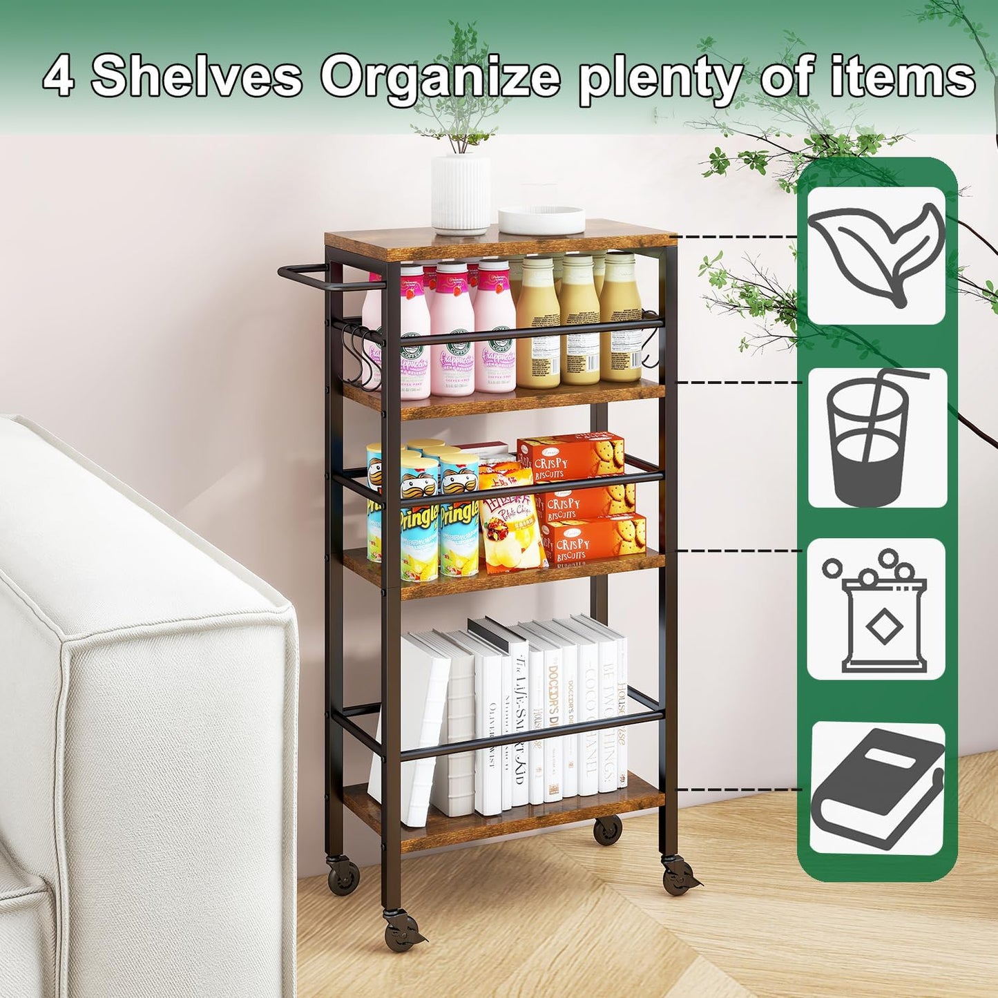IBUYKE 7.8" Slim Rolling Cart,4-Tier Metal Kitchen Storage Cart,Trolley cart on Wheels for Narrow Space,with Handle and Wooden Tabletop,for Kitchen, Dining Room,Laundry Room,Rustic Brown UTMJ065H