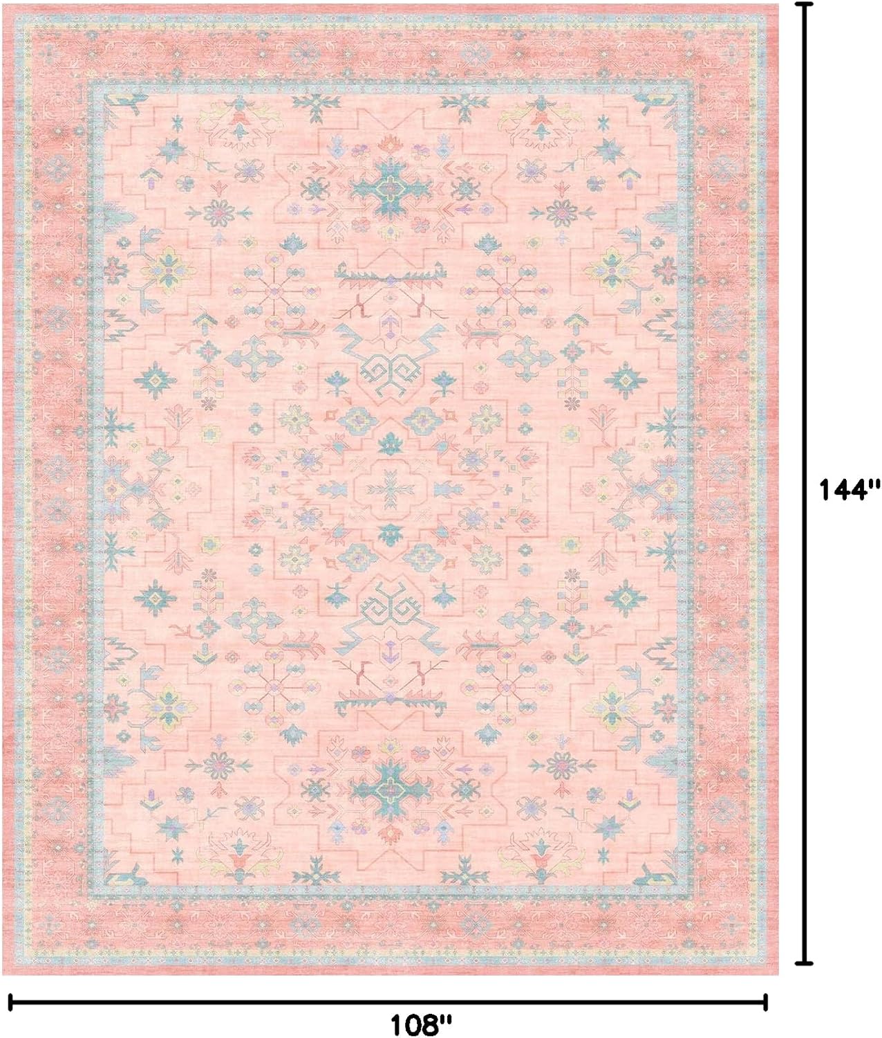 Washable Pink and Blue 9x12 Oushak Rugs for Living Room Rug Bedroom Girls, Modern Floral Aethestic Distressed Design, Soft Faux Wool Low Pile Non Slip Stain Resistance Carpet