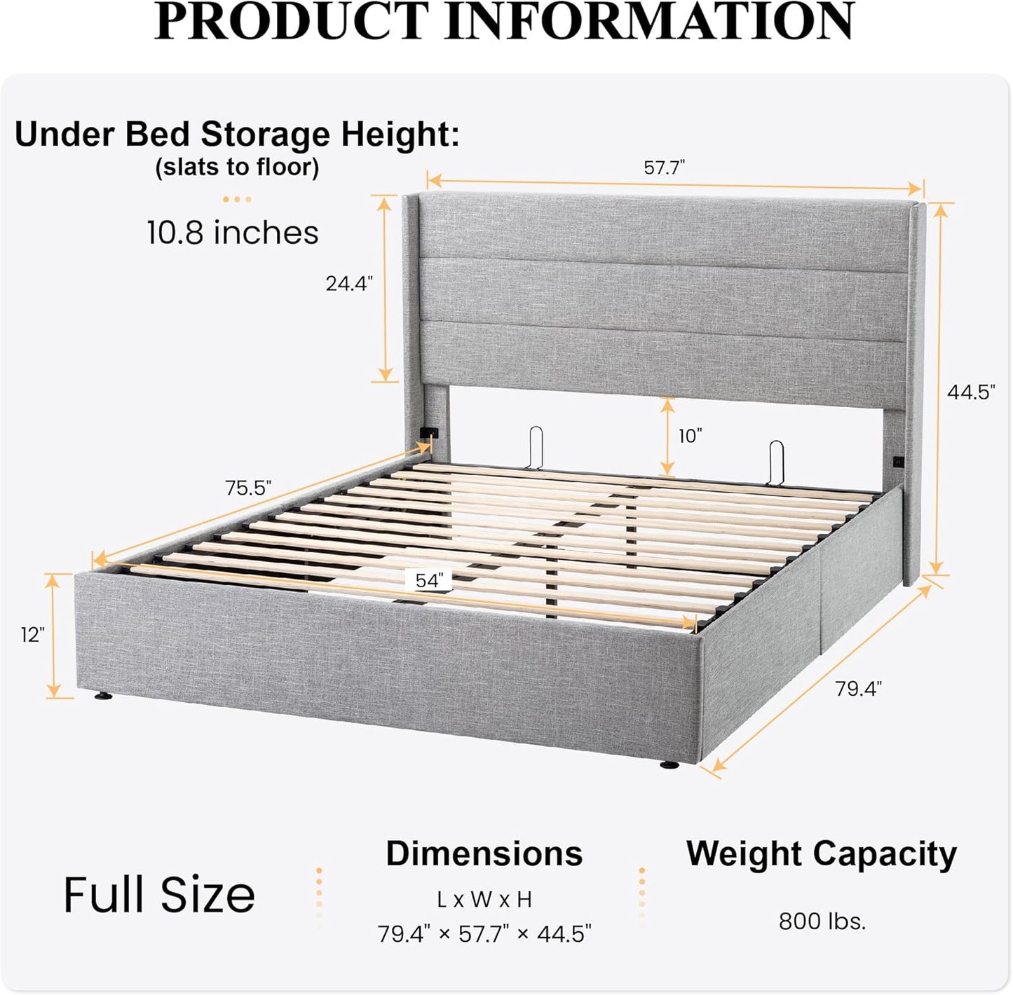 SHA CERLIN Full Size Lift Up Storage Bed/Modern Wingback Headboard/Upholstered Platform Bed Frame/Hydraulic Storage/No Box Spring Needed/Wood Slats Support/Light Grey