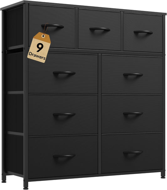 DWVO Dresser with 9 Drawers - Fabric Storage Tower, Organizer Unit for Living Room, Hallway - Sturdy Steel Frame, Wooden Top & Easy Pull Fabric Bins (Black)