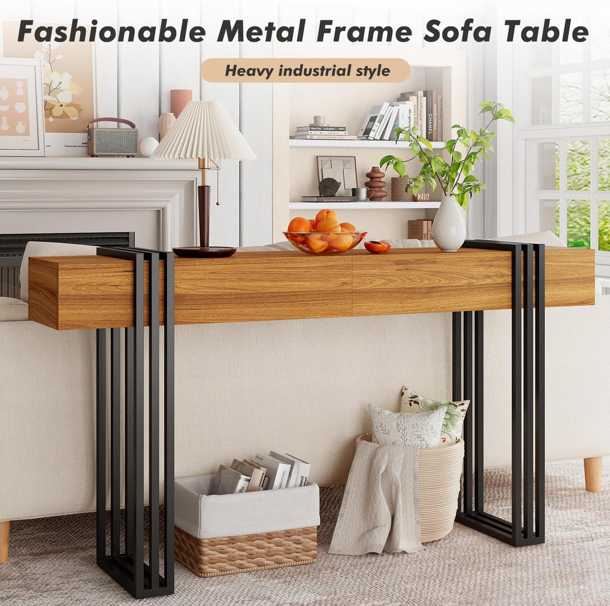 63 Inch Long Console Table, Industrial Sofa Table Behind The Couch Rectangular Entryway Table for Entrance Hallway Living Room, Brown
