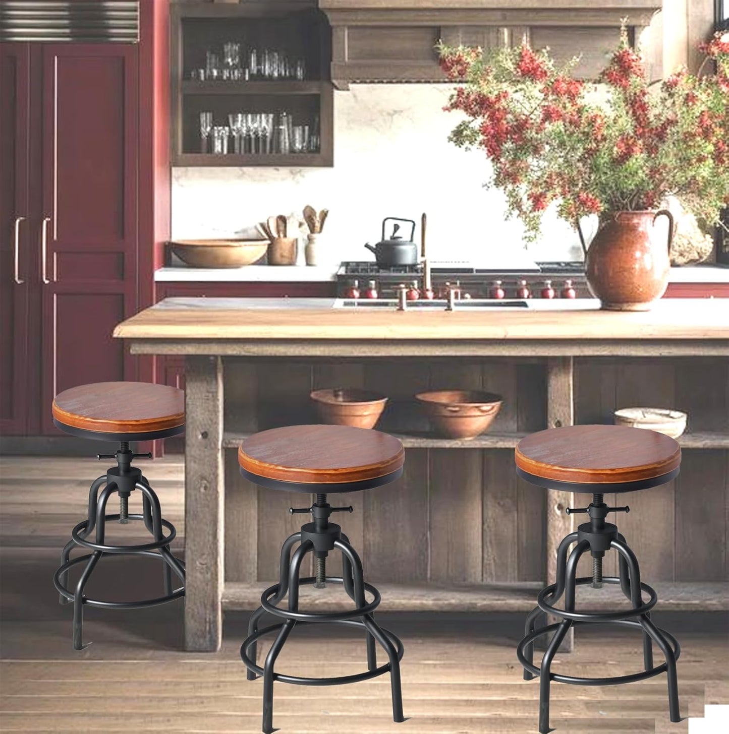 Diwhy Industrial Vintage Counter Stool, Kitchen Counter Height Adjustable Swivel Chair, Metal Frame Stool, 20.47-26.77 Inch, Fully Welded Base, Set of 2