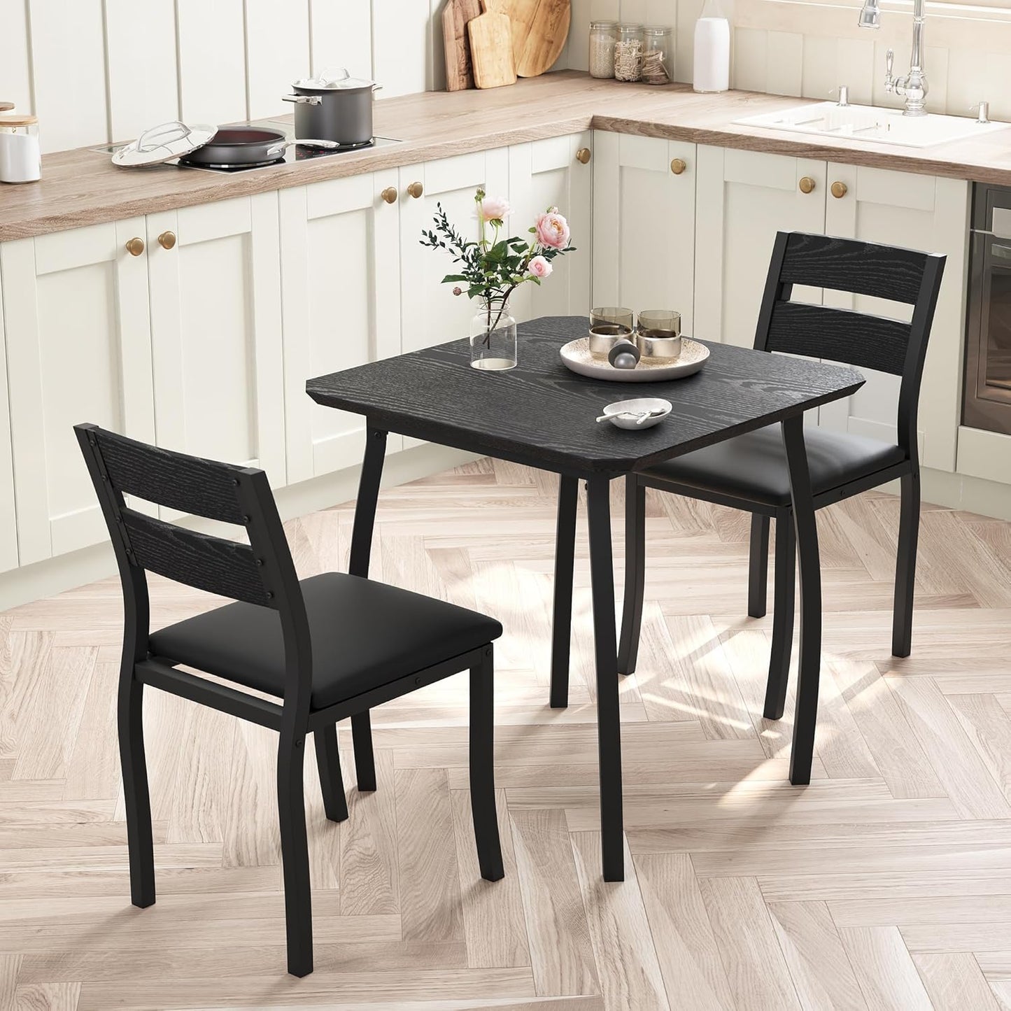 GAOMON Dining Table Set for 2, 3 Piece Small Kitchen Table and 2 Upholstered Chairs with Metal Frame & Wood Grain Tabletop for Small Space, Apartment, Kitchen, Dining Room, Black