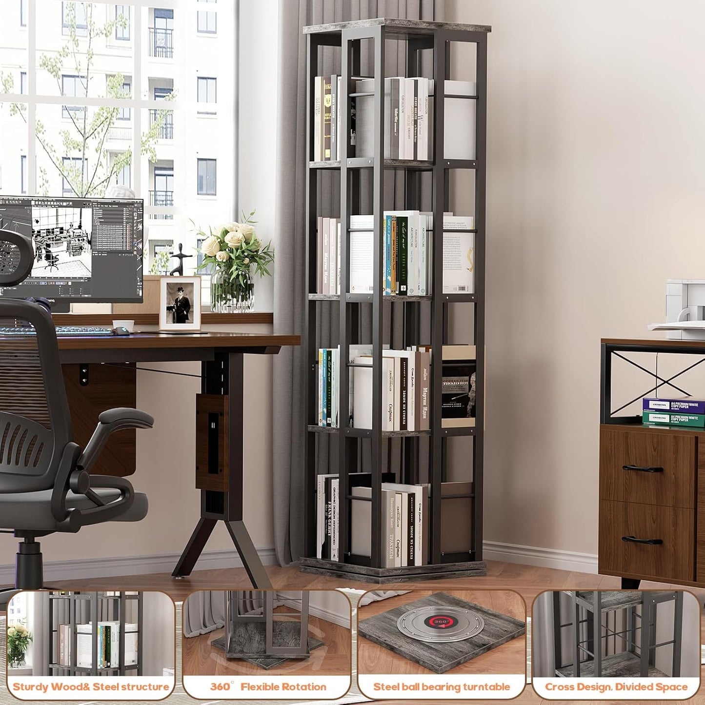 Aheaplus Rotating Bookshelf, 4-Tier Corner Bookshelf, 360 Display Wood Spinning Bookshelf, Floor Standing Bookcase Narrow Shelf Revolving Organizer Storage Rack for Small Space, Grey Oak