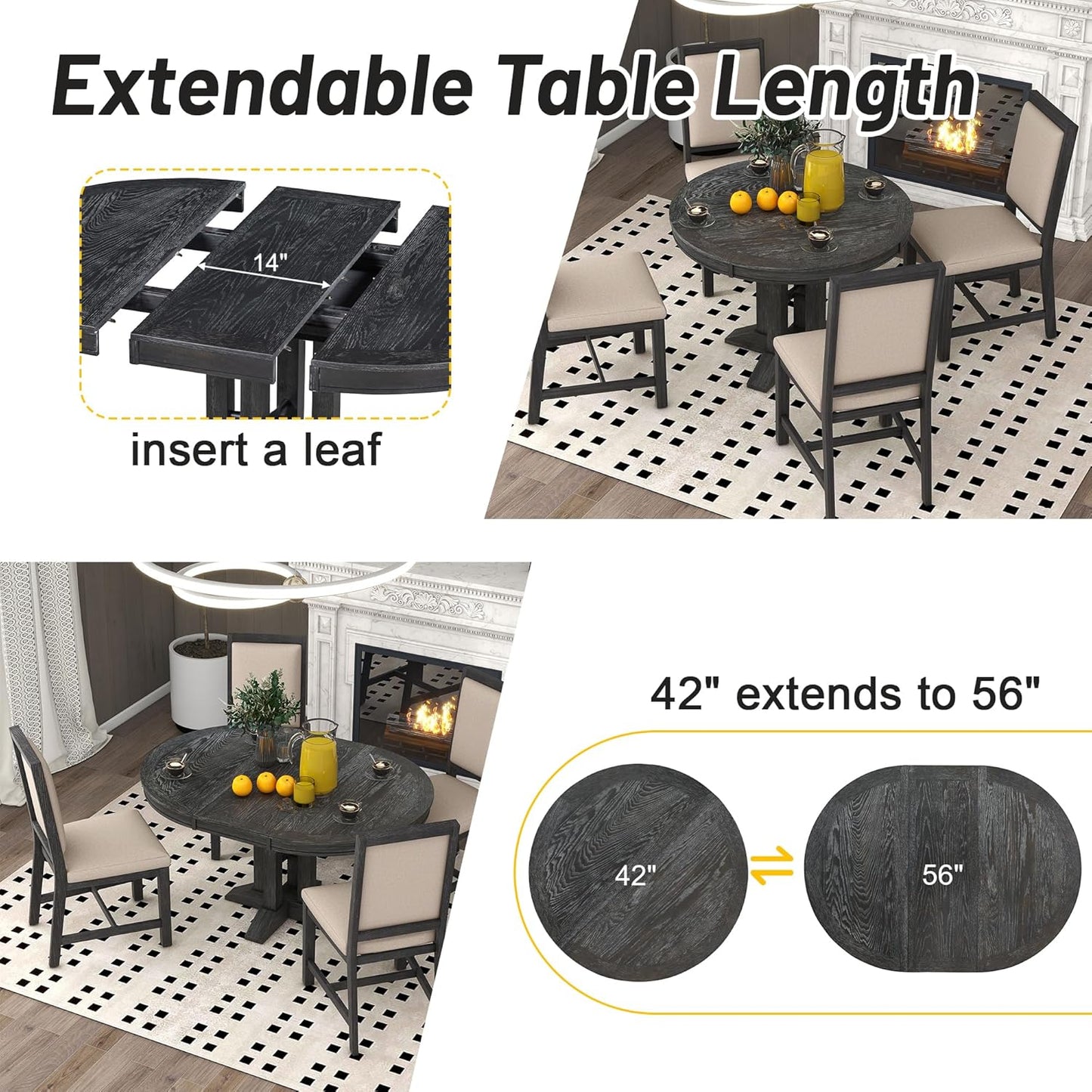 FULife Country Rustic Design Round Table with 14" Removable Leaf, Extendable Circular to Oval Solid Wood Tabletop with X-Shaped Trestle Legs, Space-Saving Kitchen-Tables for Dining/Living Room