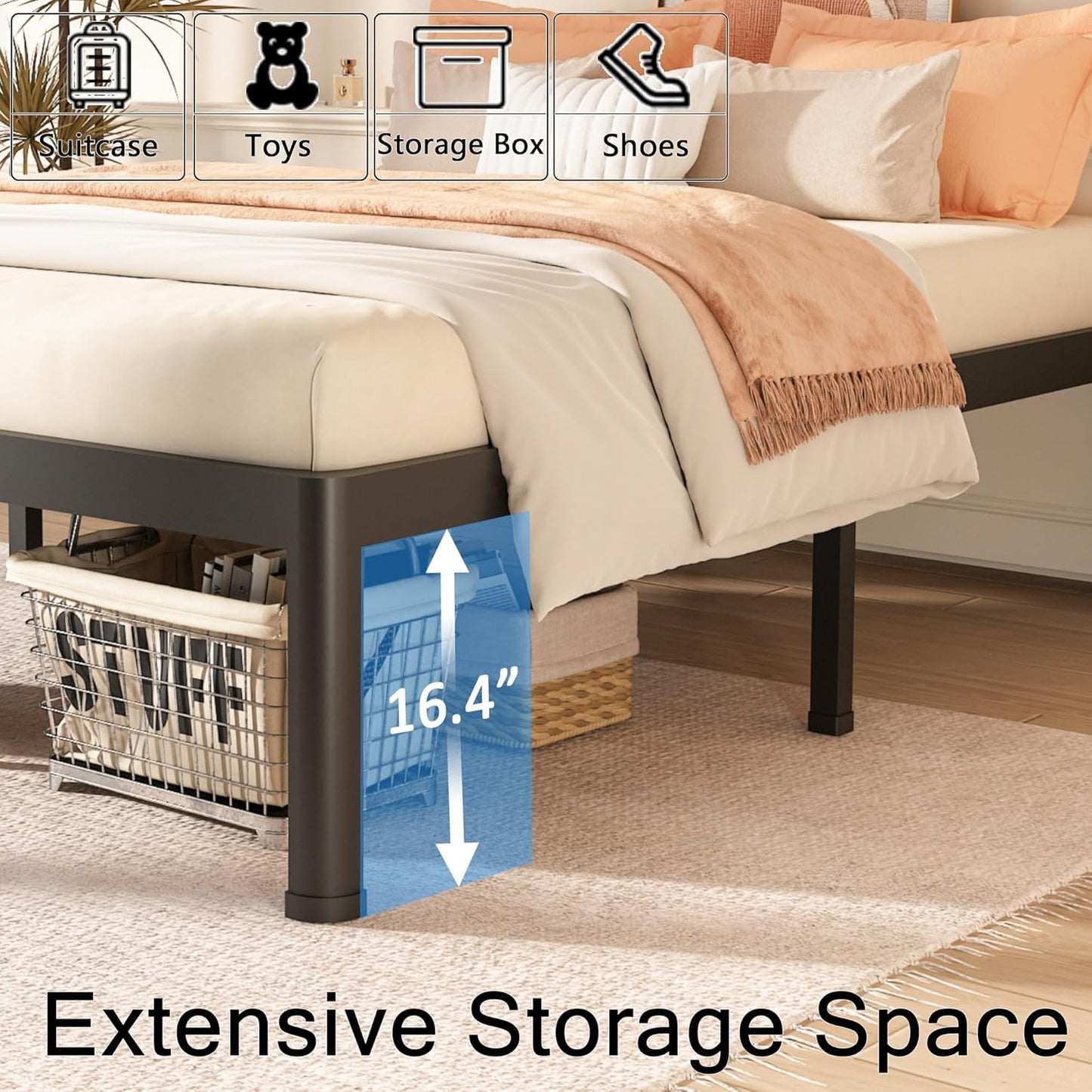 FUIOBYVV King Bed Frame with Round Corner Edge Legs 18 inch High 3500 lbs Heavy Duty Metal Platform Bed Frame King Size No Box Spring Needed/Noise Free/Steel Slat Support/Non-Slip Black