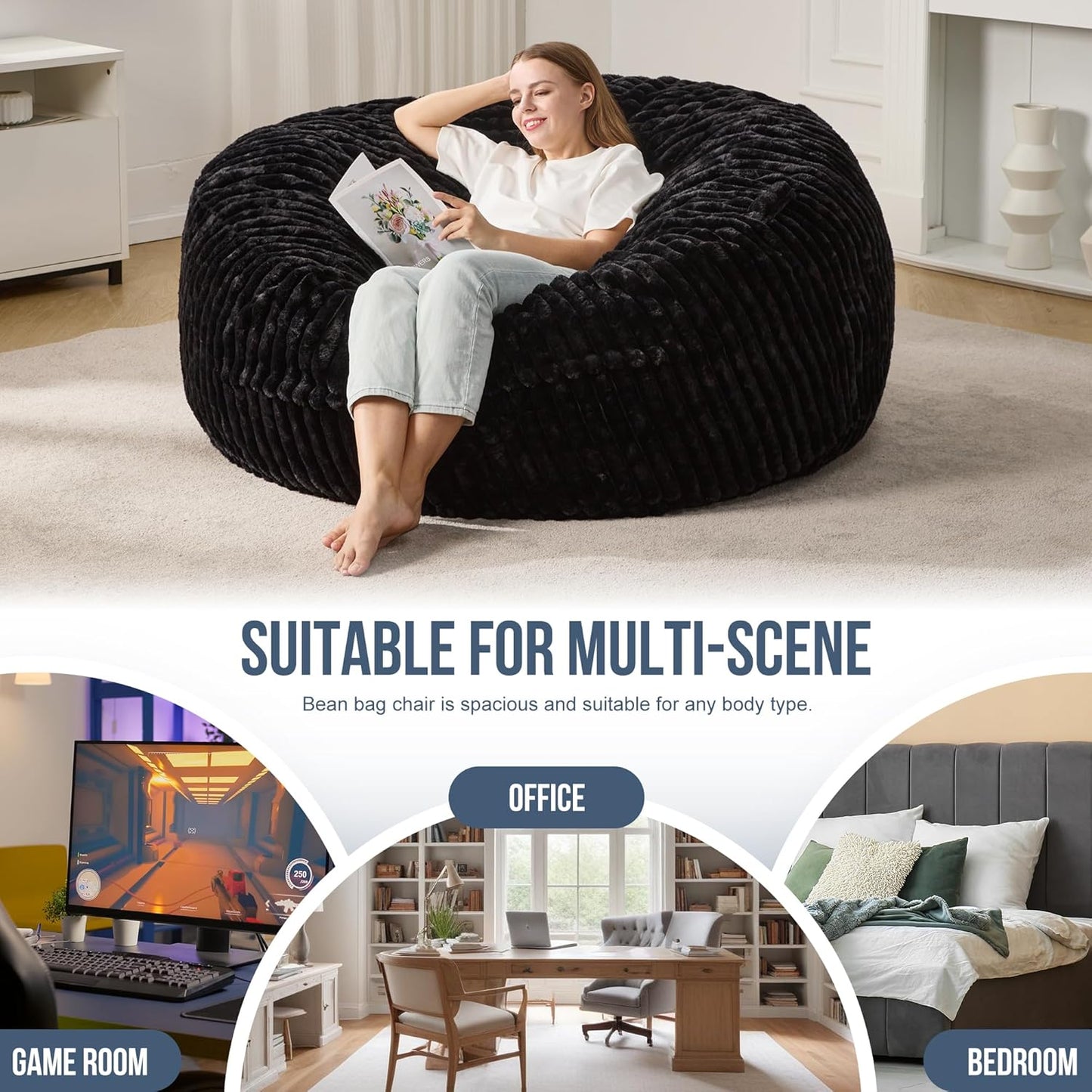 Hobestluk 5ft Bean Bag Chairs for Adults Large Beanbag Chair with Stripe Plush Cover Big Bean Bag Chair for Living Room Bedroom Dorm Office -Black (50” x 50” x 24”)