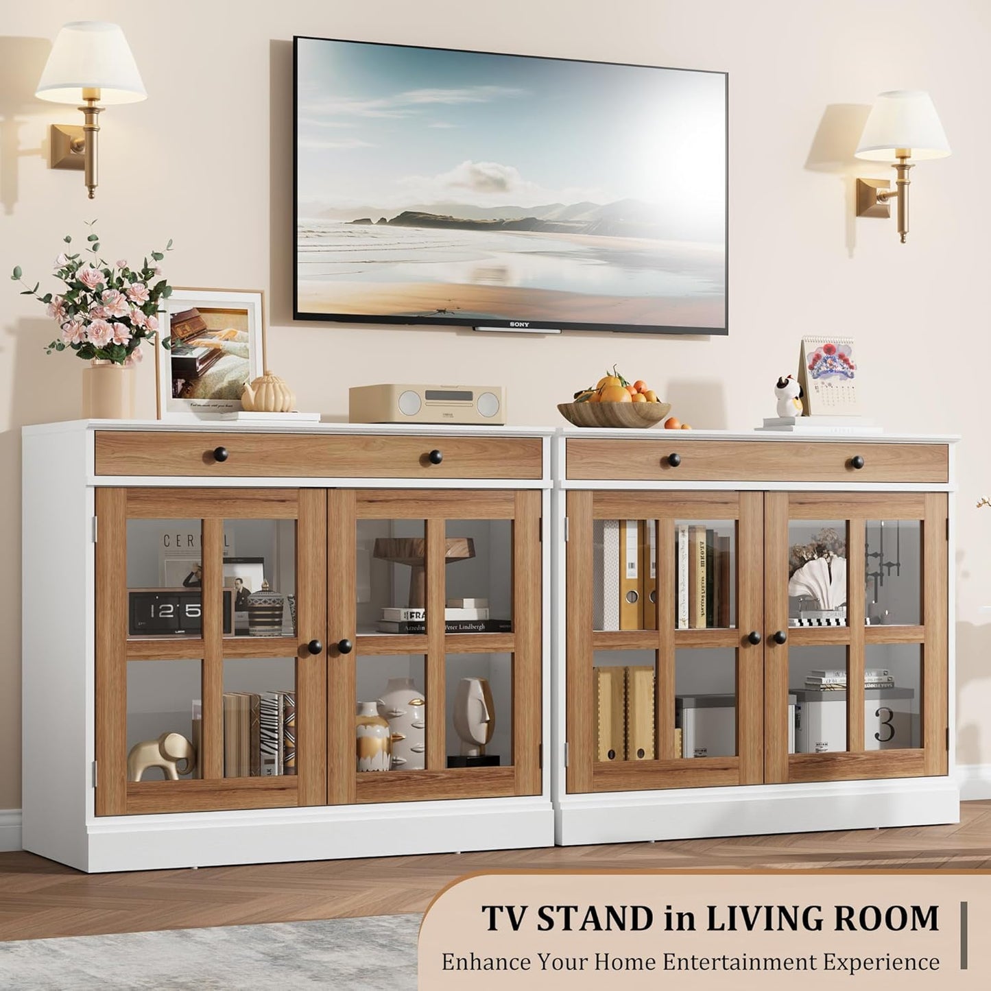 GarveeHome 35.4" Sideboard Buffet Cabinets with Glass Door, Buffet Cabinet with Storage, White&Brown Sideboard Cabinet with Drawer, Modern Buffets & Sideboards for Dining Room, Kitchen