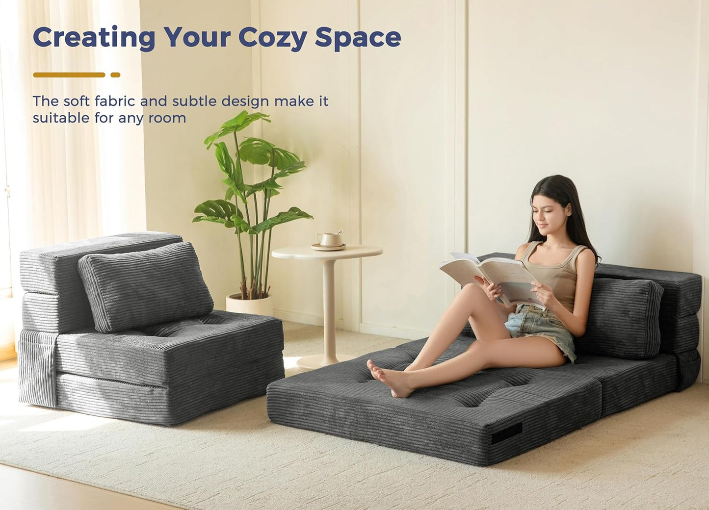 MAXYOYO Convertible Sofa Bed, Fold Out Single Sleeper Sofa with Pillow, 4 in 1 Tufted Folding Couch Bed Foam Floor Couch, Lazy Chair for Living Room Bedroom Guest Room, Dark Grey