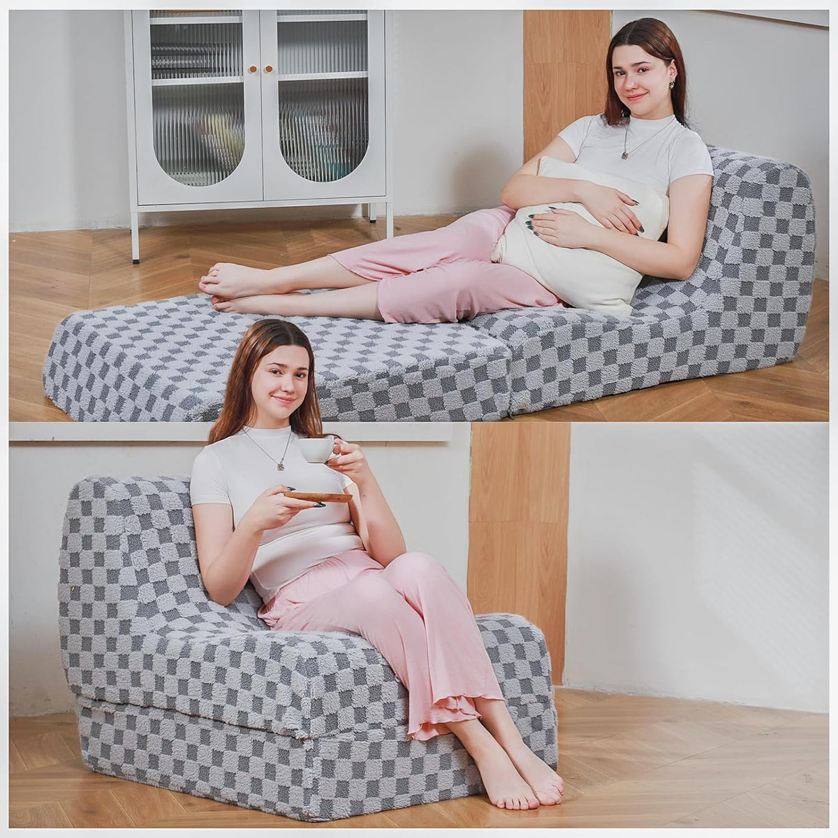 Bean Bag Chair with Checkerboard Shaker Fleece Fabric, Folding Sofa Bed, Floor Sleeper Lounge Chair, Lazy Sofa for Living Room, Bedroom, Apartments (Cement Gray)
