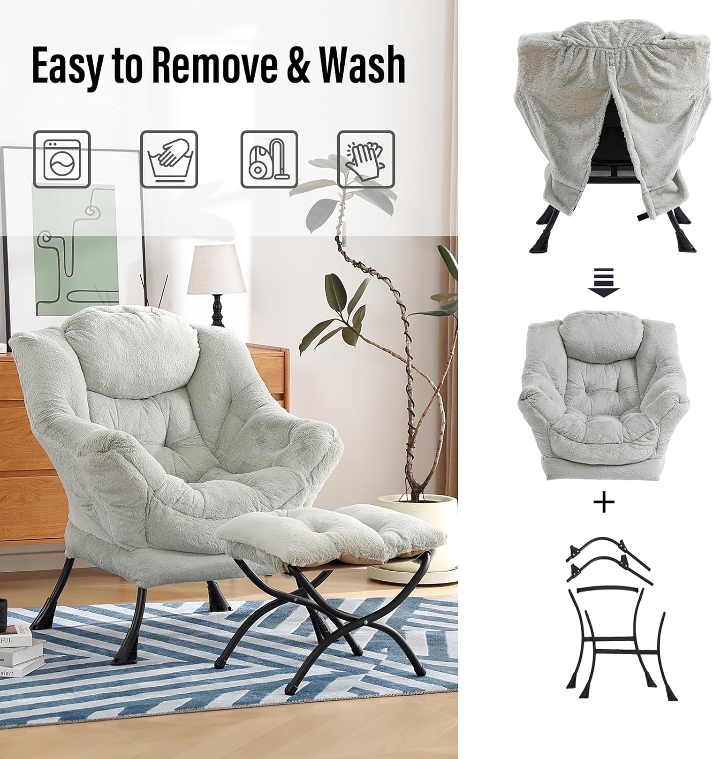 Lazy Chair with Ottoman, Modern Chair with Folding Footrest, Lounge Accent Chair, Comfortable Reading Chair (Plush Green)