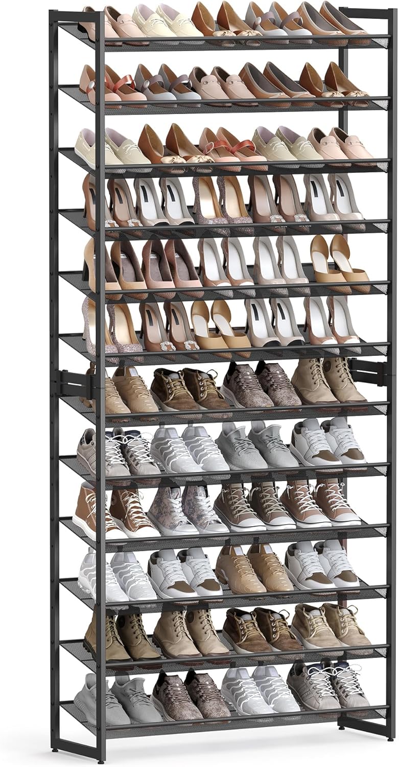 SONGMICS Shoe Rack, 12-Tier Shoe Organizer, Metal Shoe Storage for Garage, Entryway, Set of 2 6-Tier Stackable Shoe Shelf, with Adjustable Flat or Angled Shelves, Holds 48-60 Pairs, Black ULMR12B
