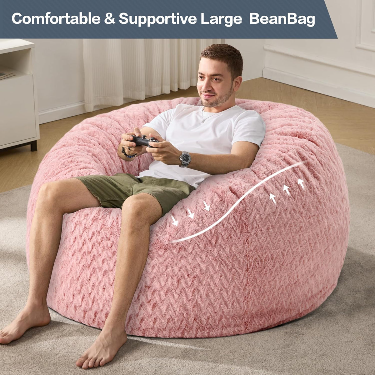 4ft Bean Bag Chairs for Adults Large Beanbag Chair with Chevron Plush Fur Cover Big Bean Bag Chair for Living Room Bedroom Dorm (Pink)