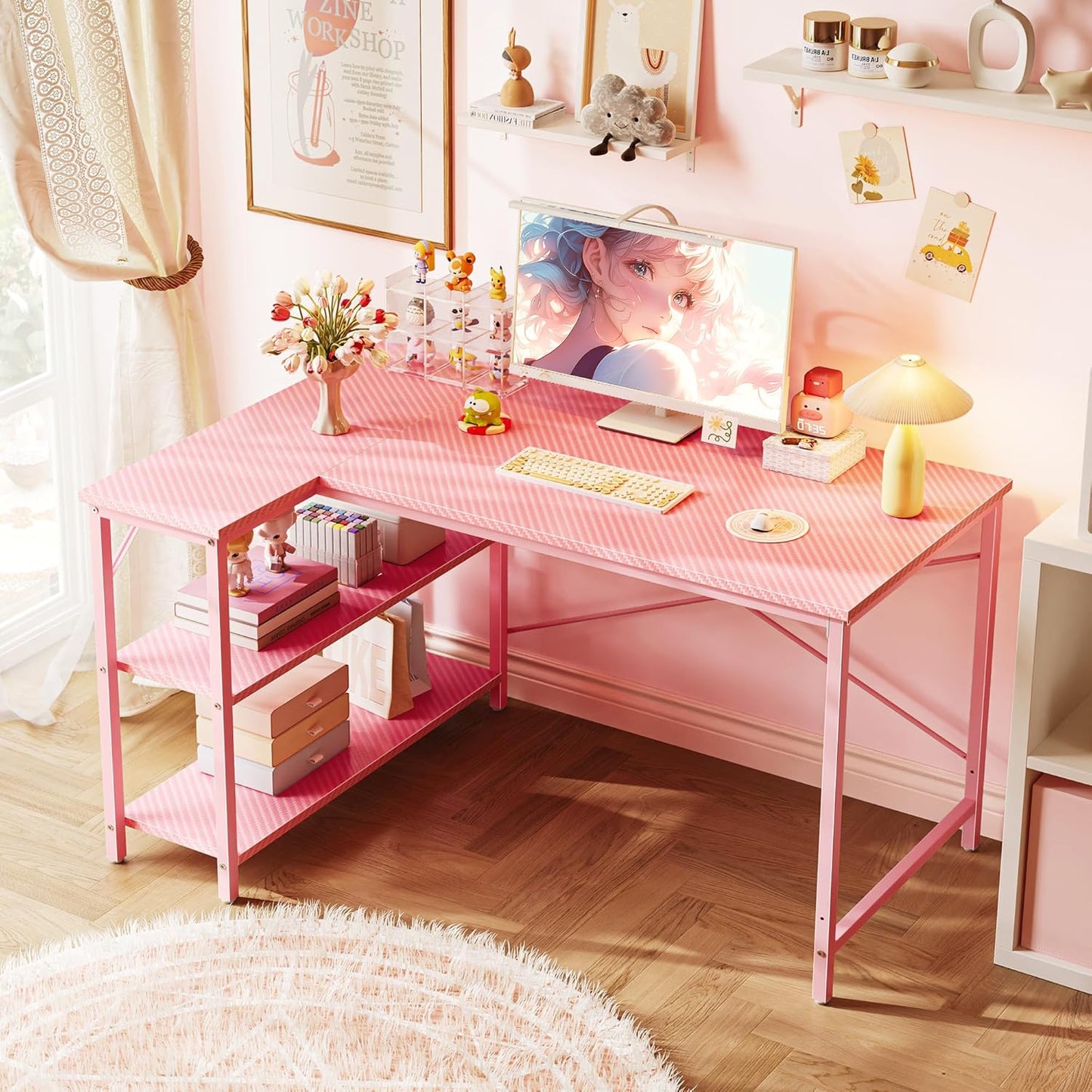 Huuger L Shaped Desk, 47 Inches Computer Desk with Reversible Storage Shelves, Gaming Desk, Corner Desk Home Office Desks, Writing Study Desk with Metal Frame, Pink