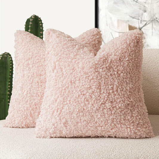 Foindtower 2 Pieces 16x16 Inch Light Pink, Faux Fur Throw Pillow Cover Accent Sherpa Furry Pillow Covers Fuzzy Soft Pillowcases Cozy Sheepskin Decorative Fleece Cushion Case for Bed Couch Living Room