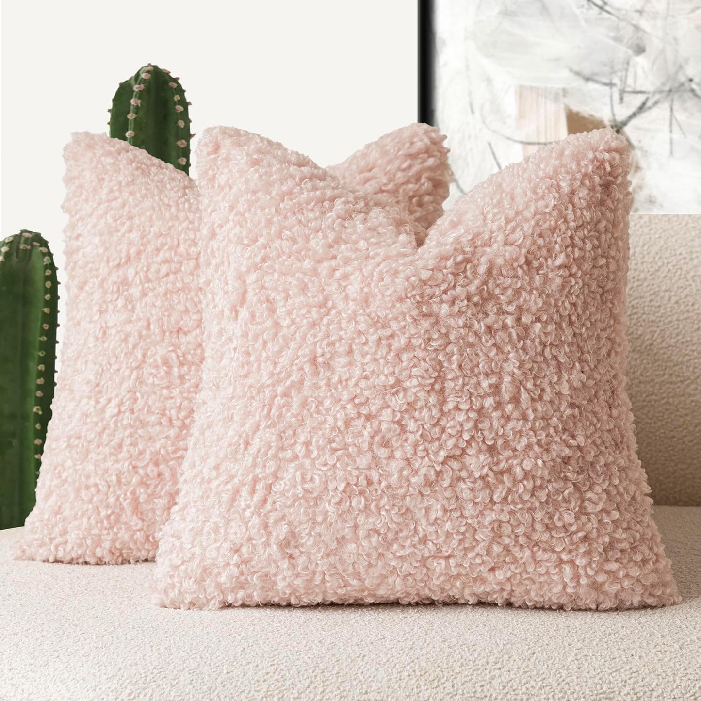 Foindtower 2 Pieces 20x20 Inch Light Pink, Faux Fur Throw Pillow Cover Accent Sherpa Furry Pillow Covers Fuzzy Soft Pillowcases Cozy Sheepskin Decorative Fleece Cushion Case for Bed Couch Living Room