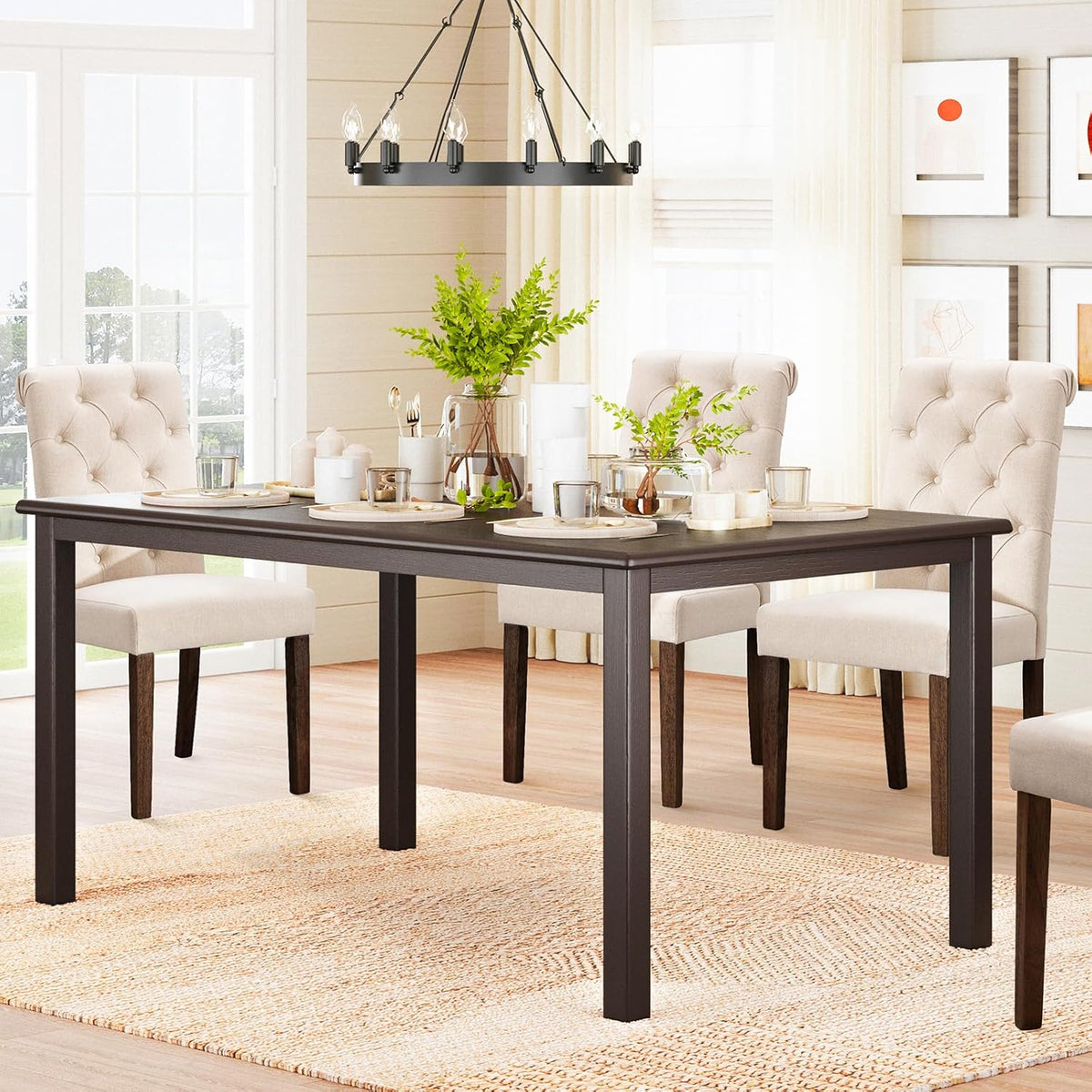 COLAMY 5-Piece Dining Table Set for 4, 60" Rectangular Farmhouse Kitchen Wood Table with 4 Tufted Dining Room Chairs, Brown/Beige