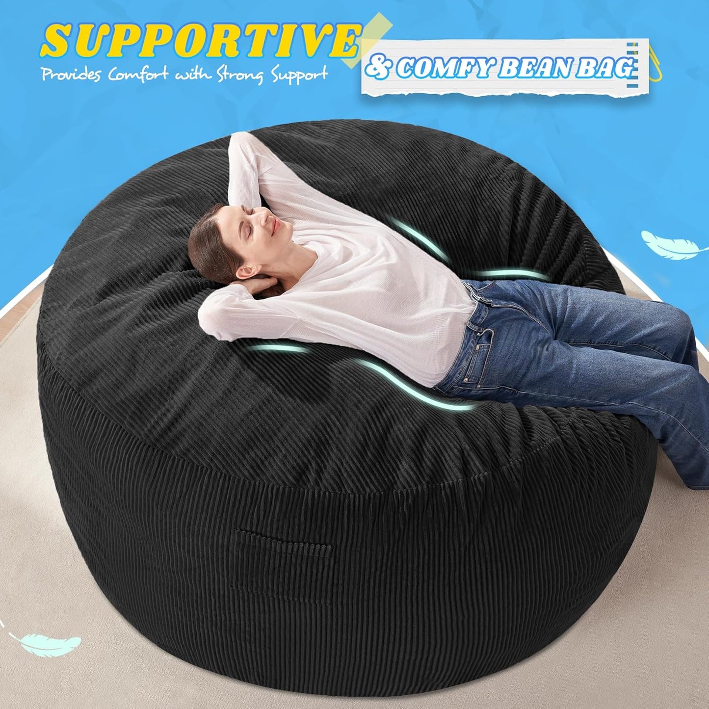 HABUTWAY 5FT Bean Bag Chair,Giant Bean Bag Chairs for Adults,Big Bean Bags with Memory Foam Filled, Large Beanbag Chairs with Soft Corduroy Cover-Black