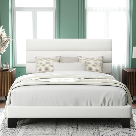 Allewie Queen Size Platform Bed Frame with Velvet Upholstered Headboard and Wooden Slats Support, Fully Mattress Foundation/No Box Spring Needed/Easy Assembly, White