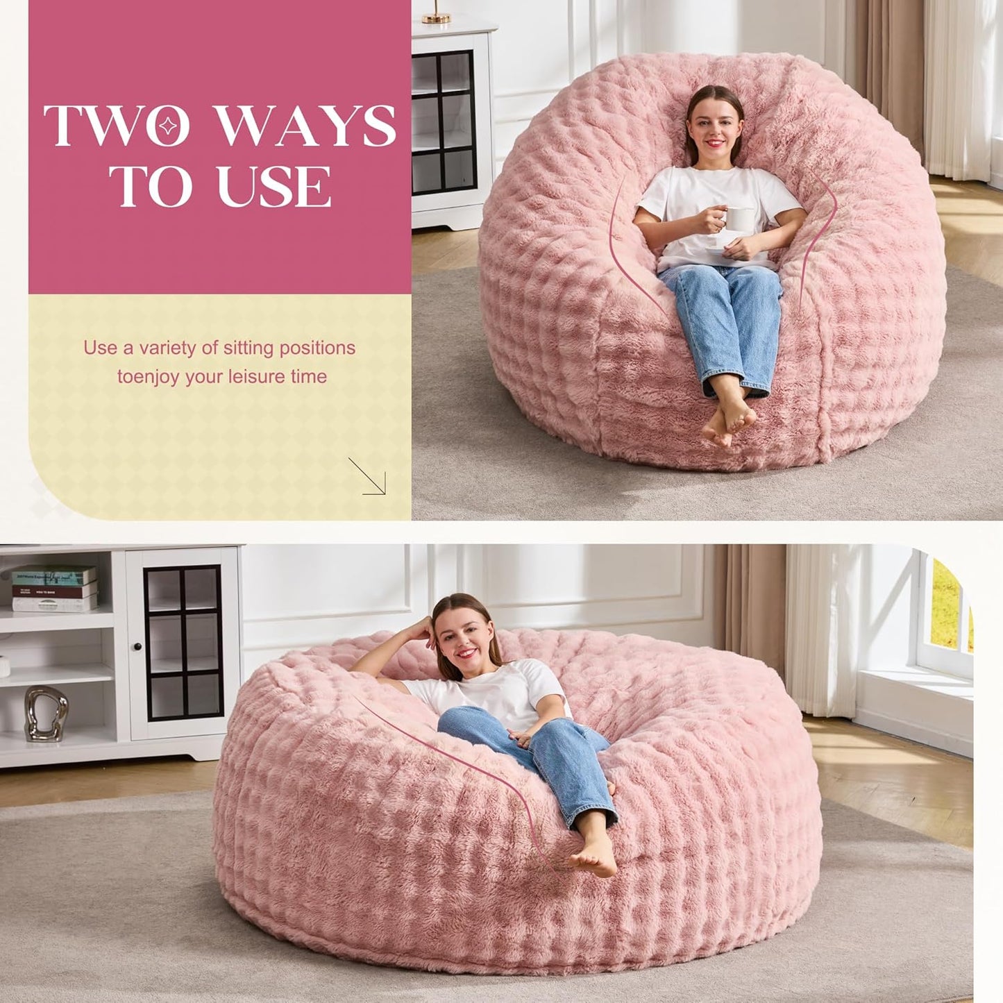 Hobestluk Bean Bag Chairs 6ft Beanbag Chair with Filler Adult Bean Bags with Fluffy & Machine Washable Cover, Giant Bean Bag Chairs for Aduts (Pink, 6FT-70" x 70" x 15")