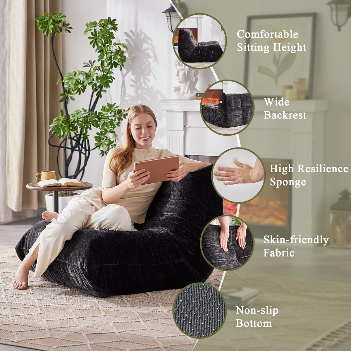 Bean Bag Chair, Fireside Chair Big Bean Bag Sofa for Adults/Teens, Memory Foam Bean Bag Gaming Chairs with Comfy Design & Premium Fabric, Lazy Floor Sofa for Living Room, Bedroom, Dark Gray