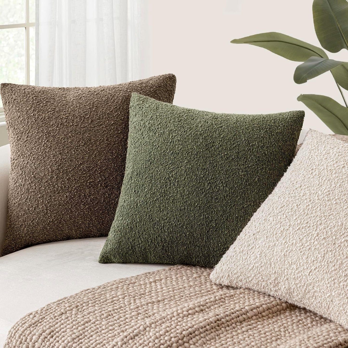 Foindtower Pack of 2 Textured Boucle Throw Pillow Covers Accent Solid Decorative Pillow Cases Cozy Woven Couch Cushion Case for Chair Sofa Bedroom Living Room Home Decor 20x20 Inch Light Brown