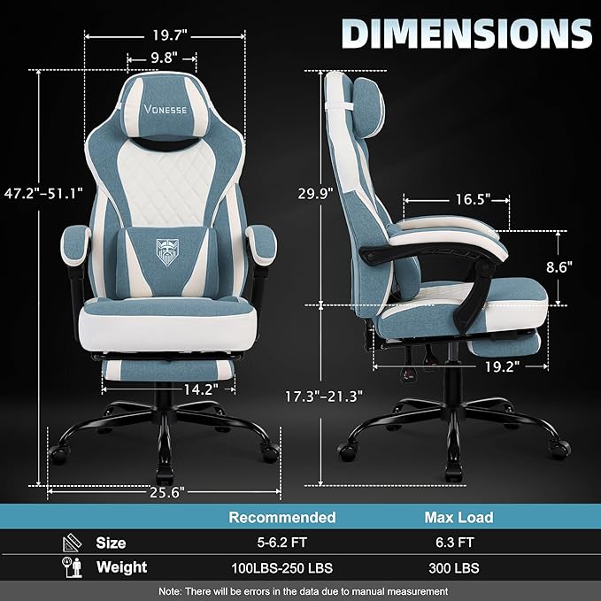 Vonesse Gaming Chair, Computer Chair Fabric with Pocket Spring Cushion, Office Chair with Footrest and Massage Lumbar Support, Reclining Gaming Chairs for Adults 250LBS (Blue)