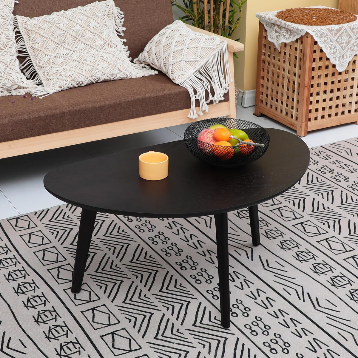 FIRMINANA Small Black Oval Coffee Table for Small Space , Simple Modern Center Table with OAK Wood Legs-Black-18.9" D x 33.47" W x 15.75" H