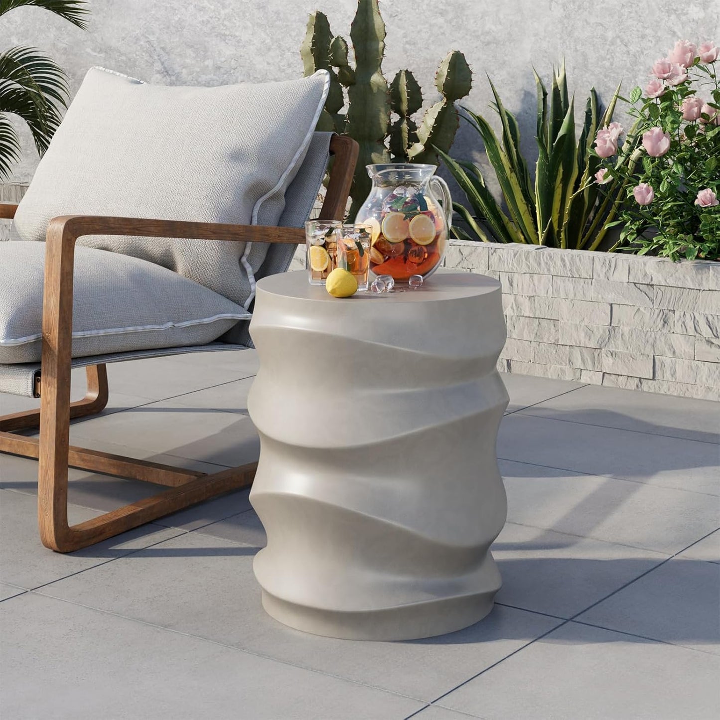 COSIEST Outdoor Side Table, 18''H Patio Concrete Side Accent Table, Streamlined Lightweight Decorative Patio Garden Stools, Plant Stand Drum Tables, Round, Grey