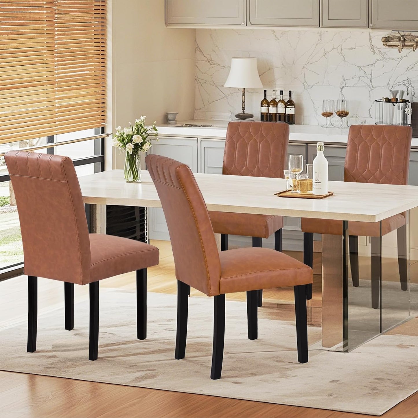 VECELO Upholstered Dining Chairs Set of 4, Modern PU Leather Accent Parsons, Solid Wood Legs w/Rubber Footpads, for Living Room Kitchen, Brown