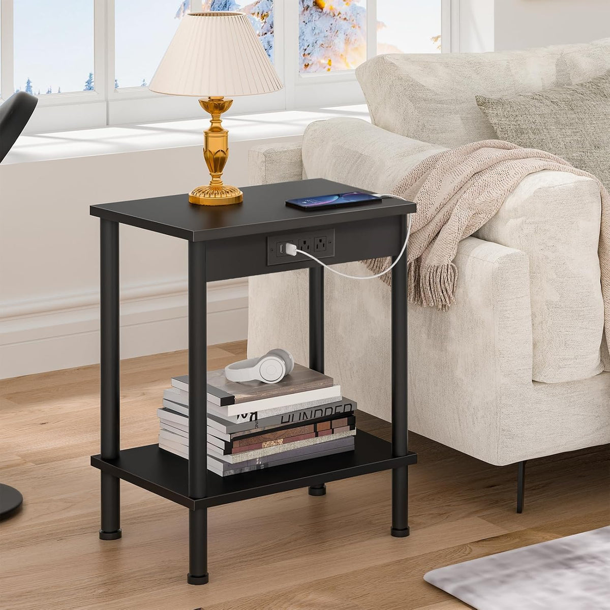 End Table with Charging Station,Small Side Table,2-Tier Nightstand with Storage Shelf,Sofa Bedside Table for Small Spaces in Living Room,Bedroom,Office,Easy Assembly,Black