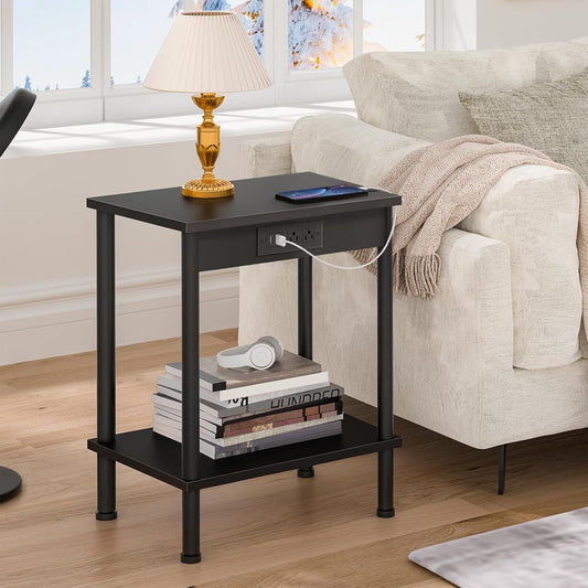 End Table with Charging Station,Small Side Table,2-Tier Nightstand with Storage Shelf,Sofa Bedside Table for Small Spaces in Living Room,Bedroom,Office,Easy Assembly,Black