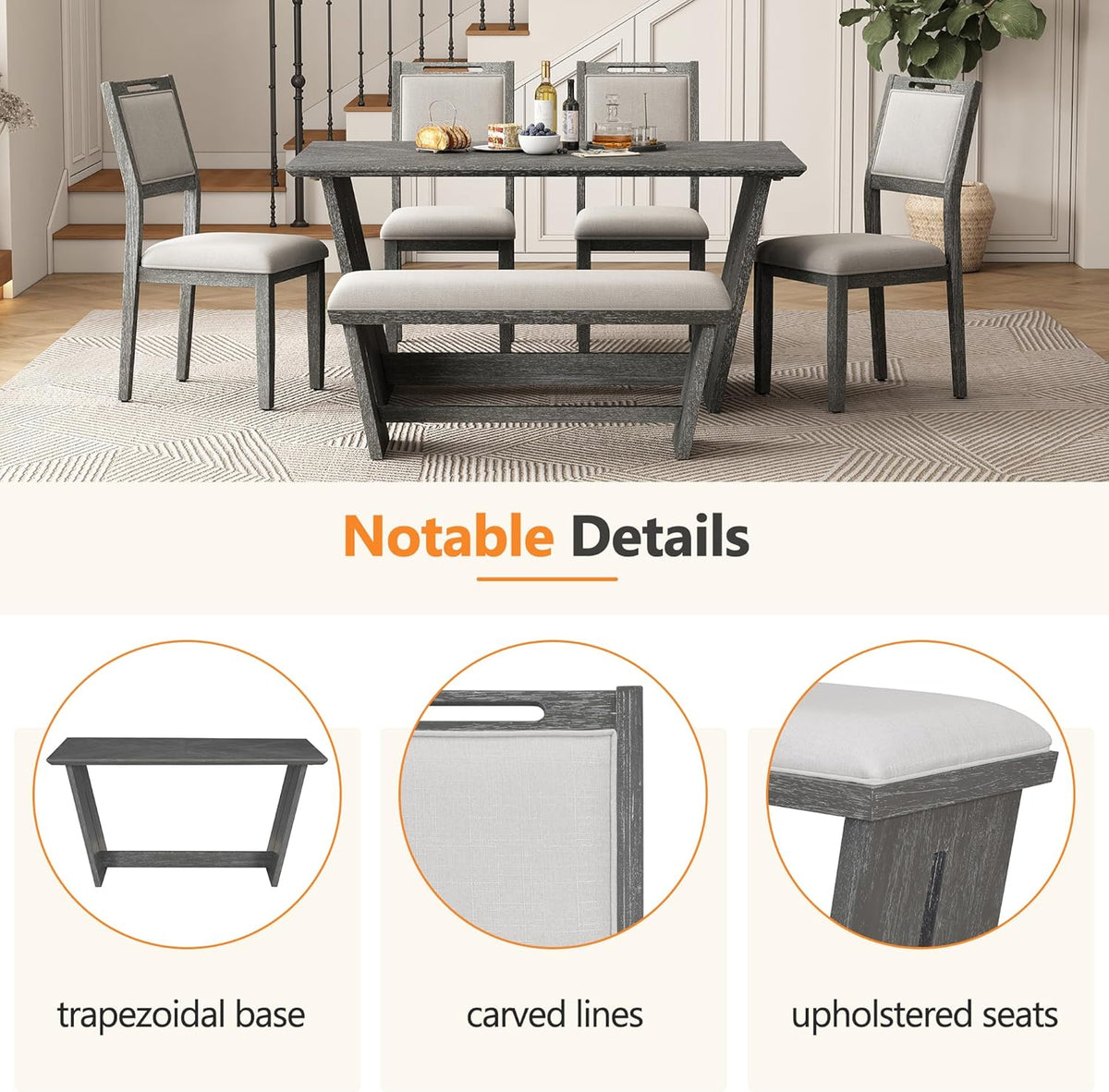Merax 6-Piece Retro Dining Set, 1 Rectangular Table with Stable Trapezoidal Table Base and 4 Upholstered Chairs and 1 Bench for Dining Room and Kitchen, Antique Gray