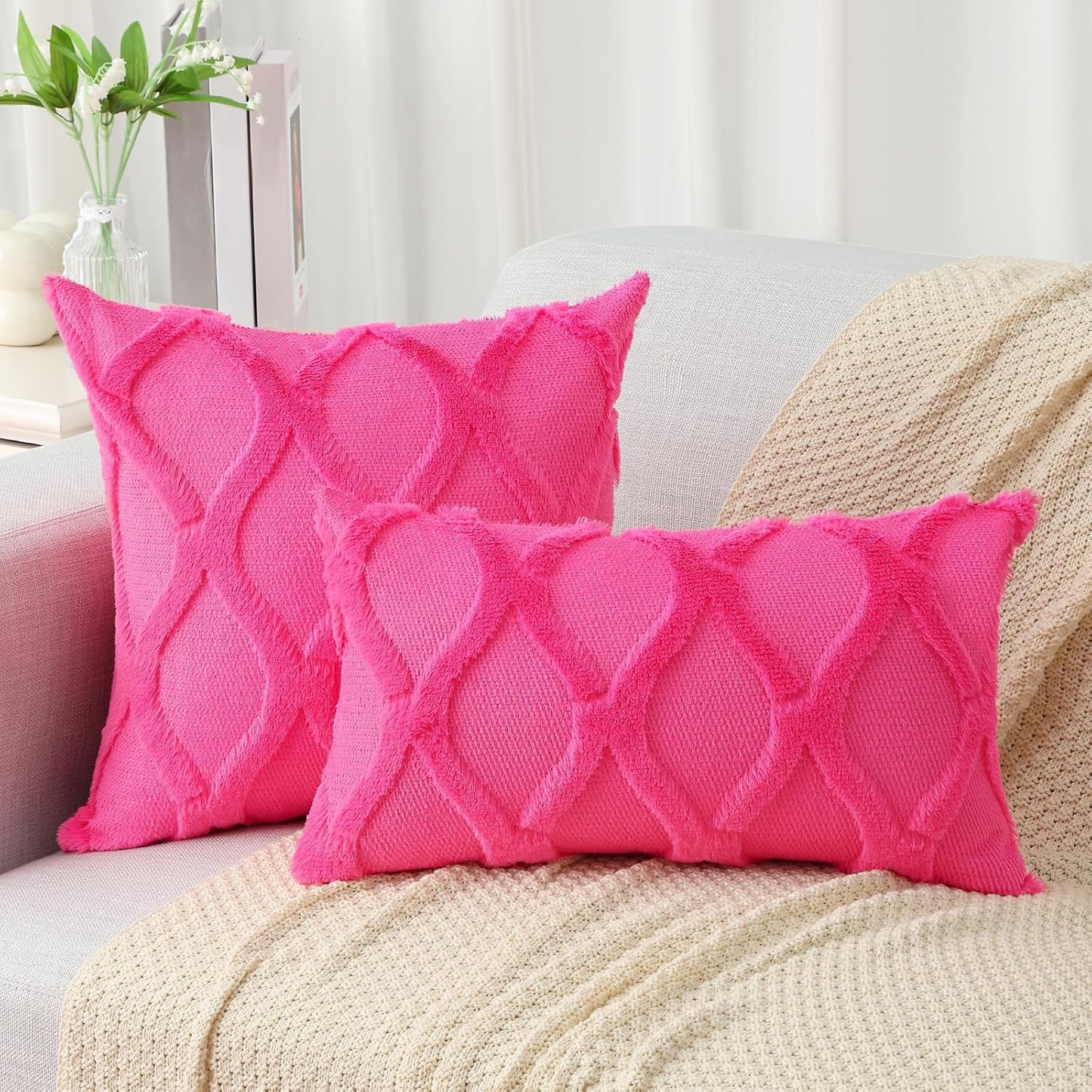 decorUhome Throw Pillow Covers 24x24 Inch Set of 2, Soft Plush Faux Fur Wool Hot Pink Couch Pillow Covers, Decorative Neutral Pillow Cases for Bed Sofa Living Room Home Decor