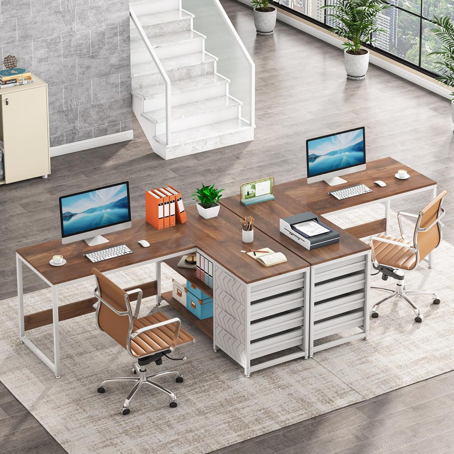 Tribesigns L Shaped Computer Desk with Storage Drawers, 59 inch Corner Desk with Shelves, Reversible L-Shaped Office Desk Study Writing Table Workstation for Home Office, Walnut & White