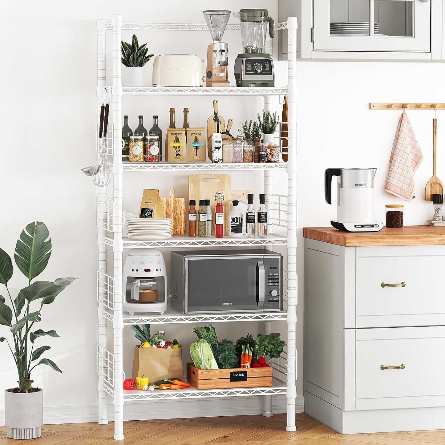 Metal Storage Rack, Storage Organizer Shelves for Kitchen, Bathroom, Living Room, Balcony and Garage, 5 Tiers Narrow Bookshelf, 21.2" W x 9.4" D x 59.2" H, Load 400lbs, White