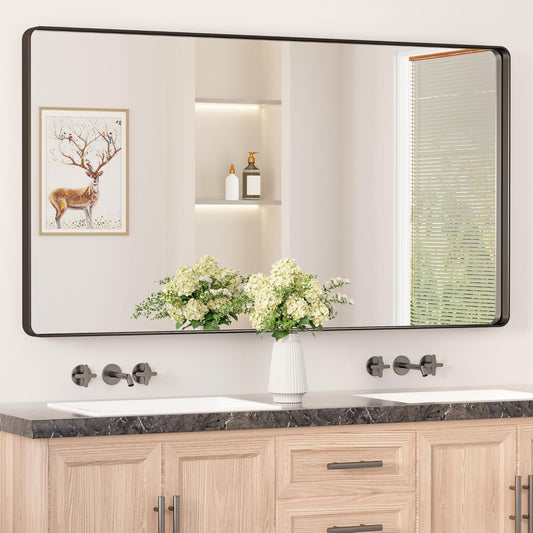 Keonjinn Black Bathroom Mirror for Vanity 55 x 30 Inch Large Metal Framed Wall Mirror Matte Black Rounded Rectangle Farmhouse Mirror, HD Tempered Glass, Modern Decorative Mirror(Horizontal/Vertical)