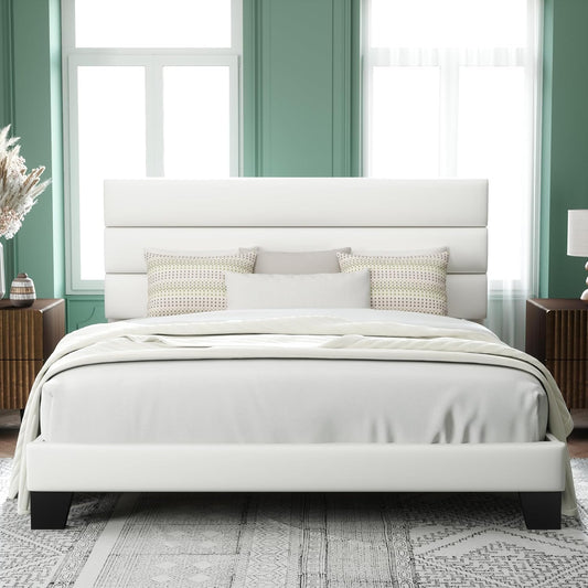 Allewie King Size Platform Bed Frame with Velvet Upholstered Headboard and Wooden Slats Support, Fully Upholstered Mattress Foundation/No Box Spring Needed/Easy Assembly, White