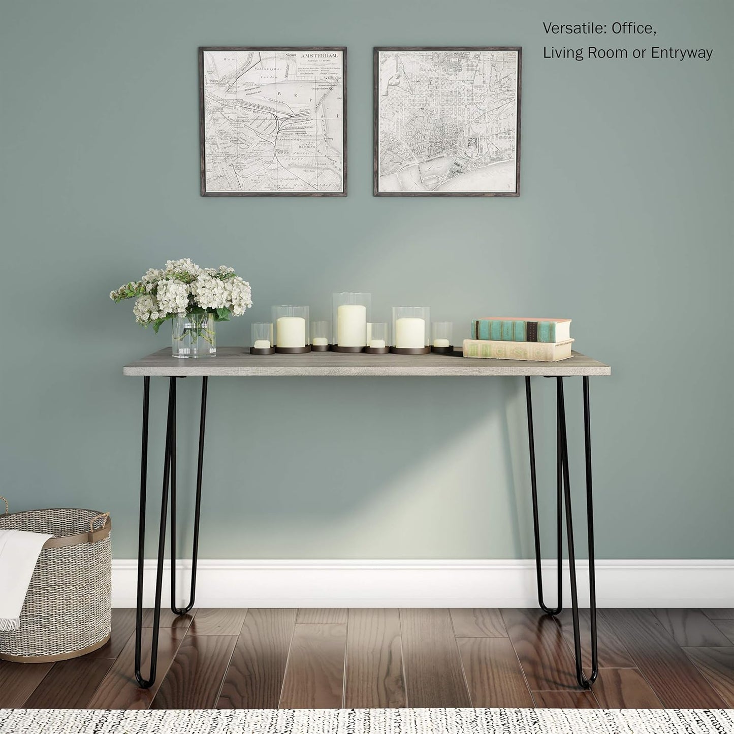 Desk with Hairpin Legs - Modern Industrial Style Home Decor - Woodgrain-Look and Steel Accent Home Office Furniture by Lavish Home (Gray)