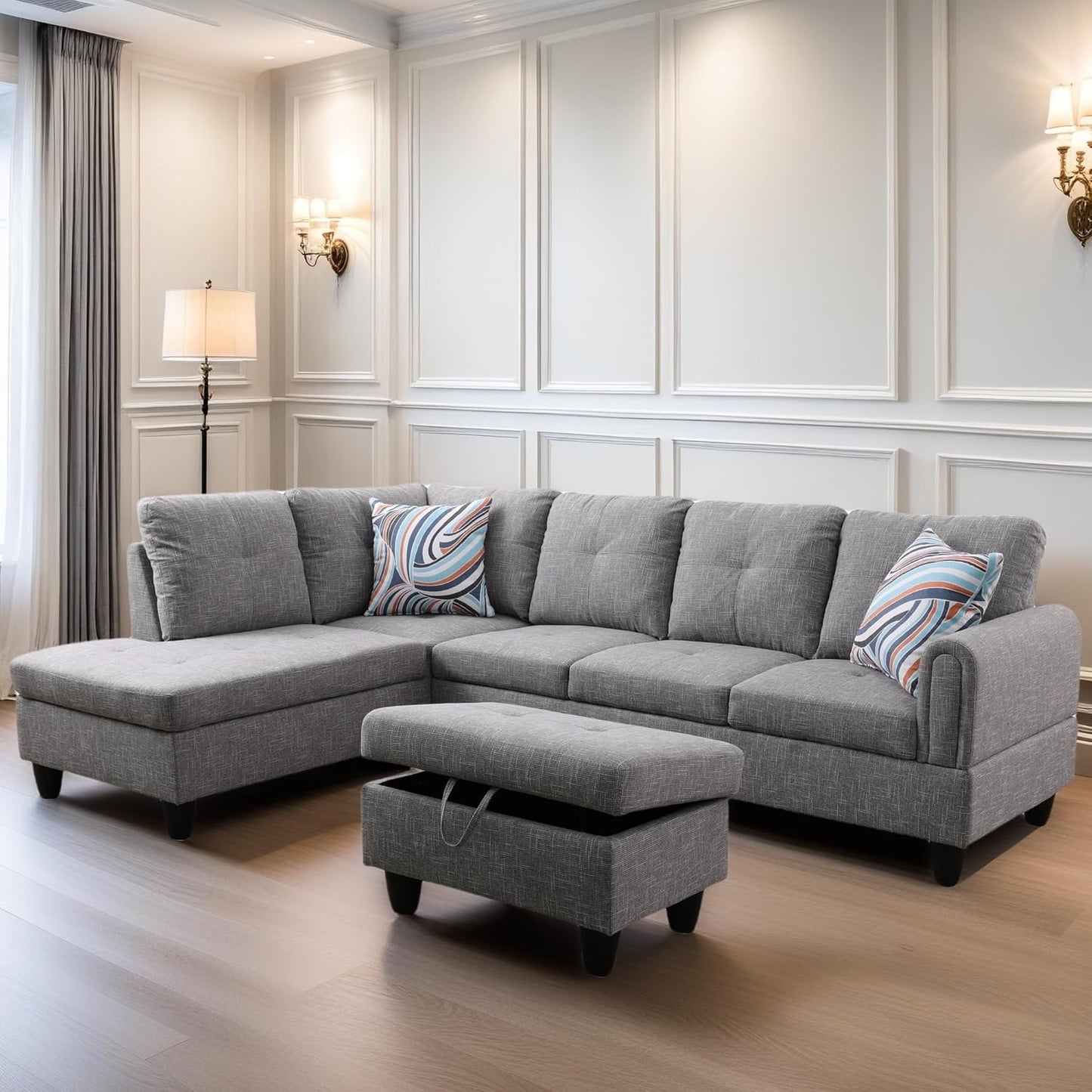 L Shaped Sectional Couches for Living Room, Modern Modular Sectional Sofa with Ottoman Storage, Comfy L Shaped Couch with Chaise for Bedroom Apartment Furniture, Gray